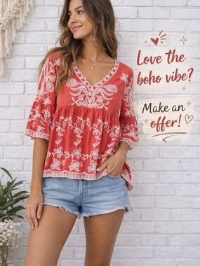 Solitaire Coral Embroidered Boho Peasant Top XL White Floral Rayon Blouse